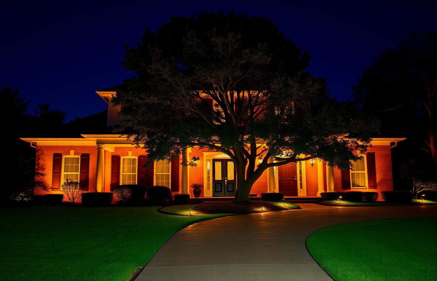 Huntsville, AL brick home — after professional outdoor lighting installation